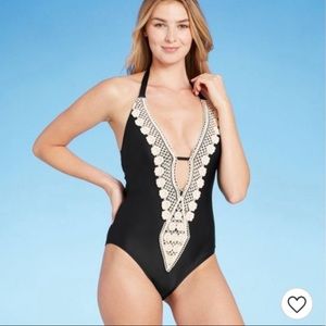 NWT Kona Sol Black & cream lace once piece swimsuit